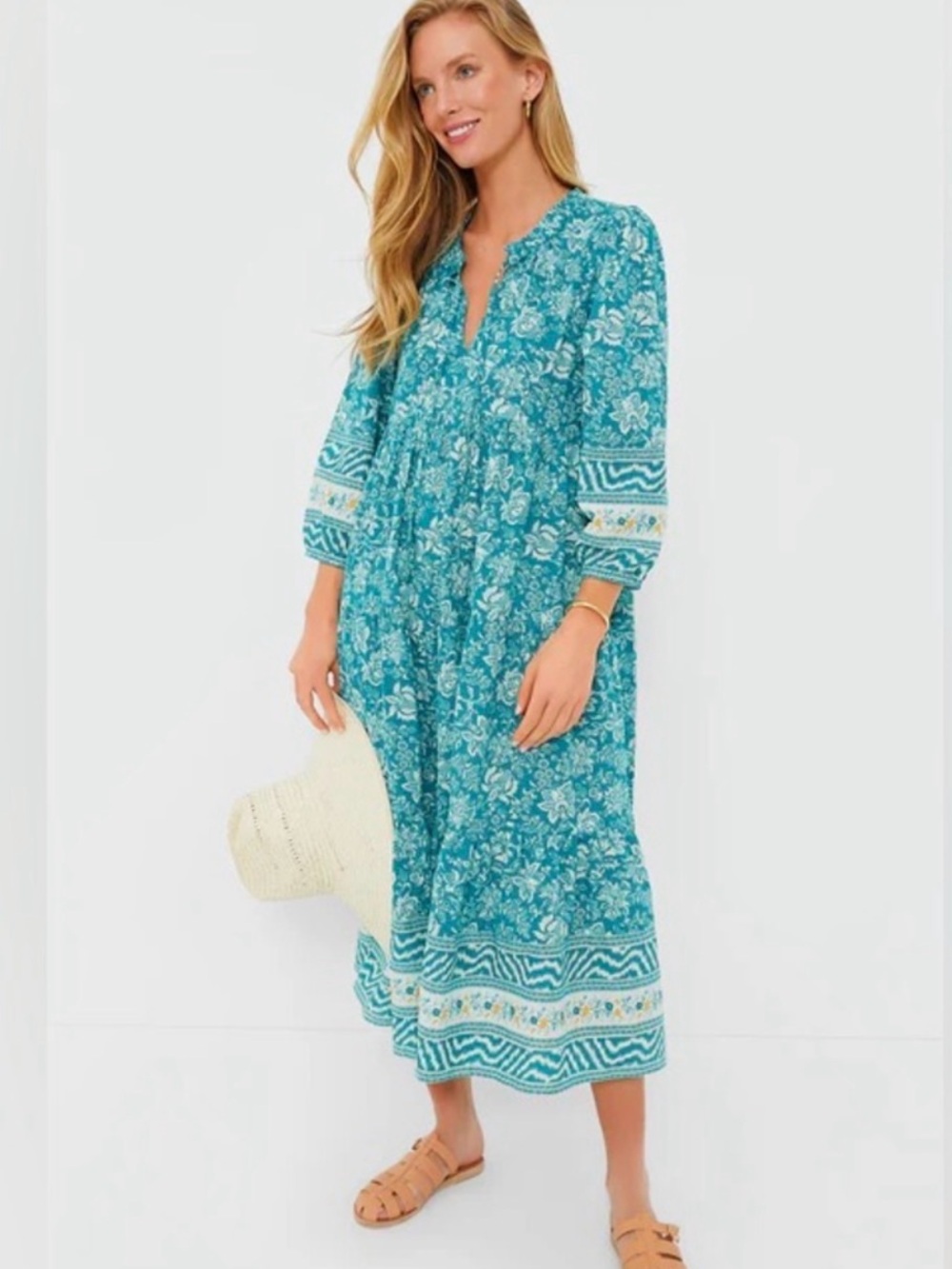 Tuckernuck Salty Paloma Caftan Teal Green Chintz Cotton Midi Dress